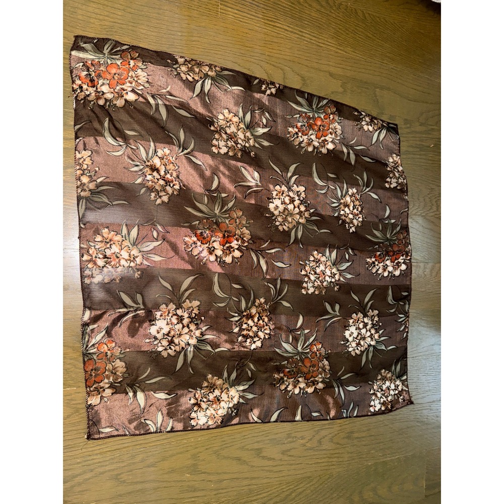 Vintage Brown Floral Striped Square Scarf Sheer Satin Botanical Neckerchief